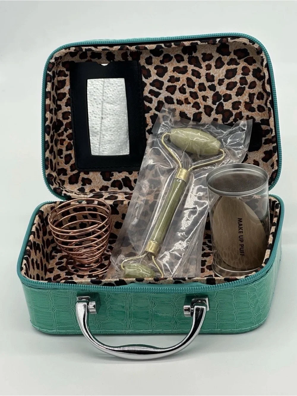Green Croc-Embossed Travel Jewelry Cosmetic Case with Leopard Interior 4 pc Set